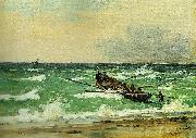 martinus rorbye fiskere fra skagen scetter en bad ud for gennem det oprorte hav at na en jagt i havsnod oil painting on canvas